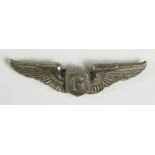 American WW2 Glider Pilot wings, British silver hallmarked, J.G & S, USA D-Day era, pinback. GVF