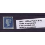 GB - 1841 2d Blue Plate 4 (E-B) three large margins, fine mounted mint, no thins or creases, cat £