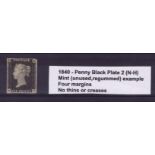 GB - 1840 Penny Black Plate 2 (N-H) Mint (unused, regummed) example, four margins, no thins or