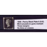 GB - 1840 Penny Black Plate 6 (S-E) Mint (unused, no gum) example, three margins, no thins or