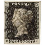 GB - 1840 Penny Black Plate 2 (K-J) four margins, no thins or creases, fine used cat £375