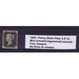 GB - 1840 Penny Black Plate 3 (F-C) Mint (appears unused, regummed) example, four margins, no