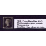GB - 1840 Penny Black Plate 5 (I-F) Mint (unused, no gum) example, three margins, small thin + two