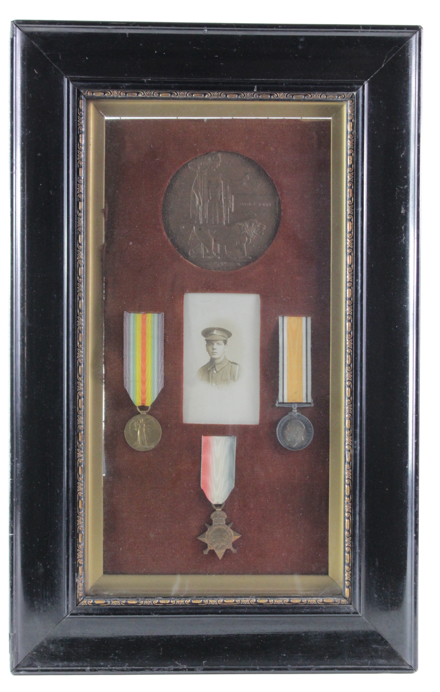 1915 Star Trio, Death Plaque and photo in old glazed frame, to 26283 Pte Daniel John Royal Welsh
