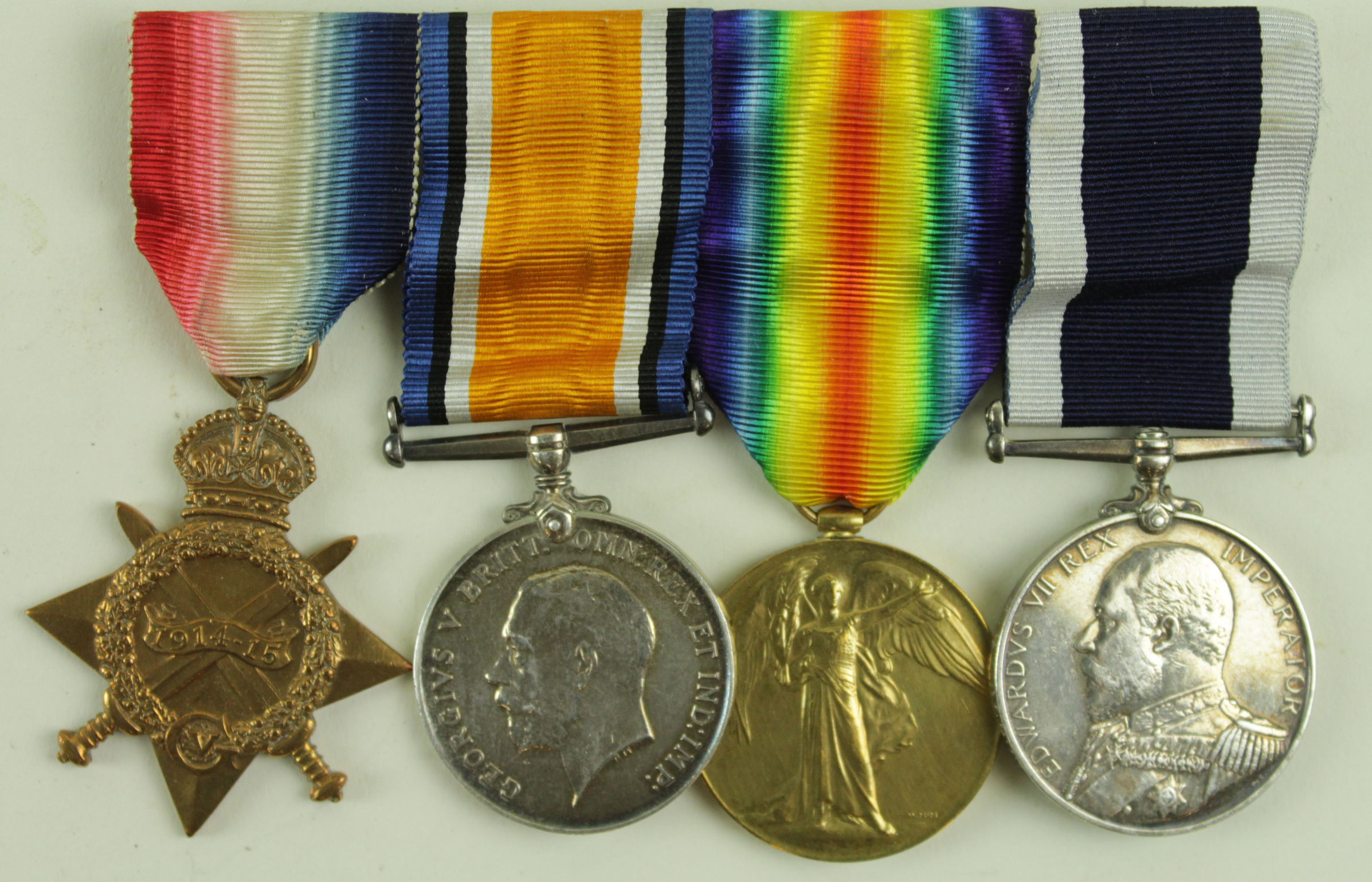 1915 trio with ERVII Naval long service medal to Ply 4659 Sgt F H Aldous RMLI served on HMS Majestic