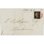 GB - 1840 Penny Black Plate 1b (S-H) on wrapper, three margins, tied by Red MX, clean example to