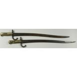 Bayonets: French Model 1866 Sabre bayonets without scabbards. One made at Tulle in 1868 the other no