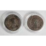 Aurelian base silver antoninianus, reverse:- Aurelian togate standing right, clasping hands with