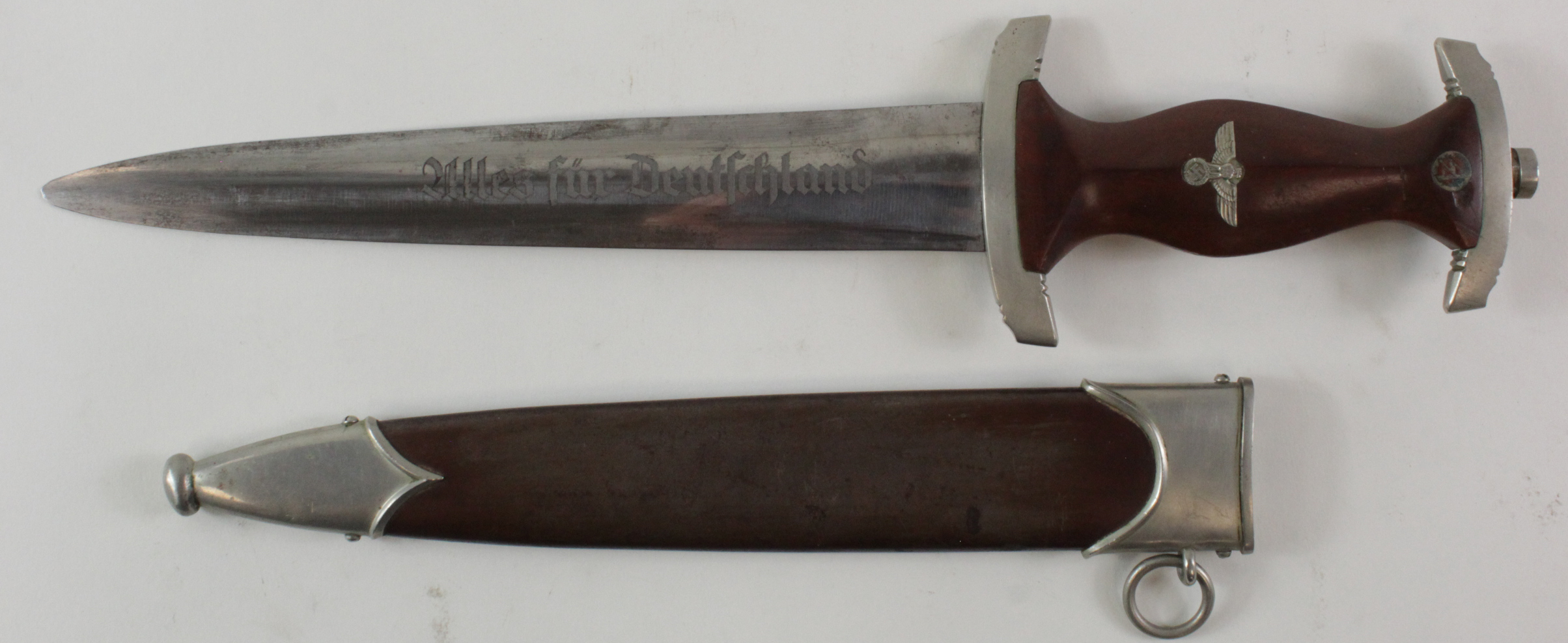 German WW2 SA Dagger with metal scabbard, blade maker marked 'Carl Schmidt Sohn A-G Solingen'. Blade
