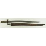 Bayonet: French Model 1866 Chasspot Sabre bayonet. Top of blade marked in script 'St Etienne Mai