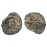 Anglo-Saxon silver sceat of East Anglia, Series Q variety IE, Type 67, Diademed Bust right, cross