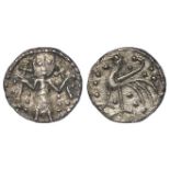 Anglo-Saxon silver sceat of East Anglia Series Q variety IF, Type 71, figure standing front, each