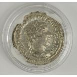 Gordian III silver denarius, Rome Mint 240 A.D., reverse:- Gordian on horseback, left, right hand