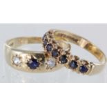 Two 9ct sapphire rings. 9ct sapphire and cz three stone ring, size R, weight 3.3g. 9ct sapphire half