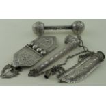 Middle Eastern white metal/unmarked silver buckle, pipe & child's rattle (3 items) weight 5¼oz