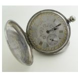Gents "Fine Silver" full hunter pocket watch. The silvered dial with gilt roman numerals and