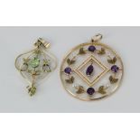 9ct circular amethyst and pearl pendant, weight 4.8g. 9ct peridot pendant, weight 1.8g