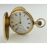 Gents 18ct cased full hunter pocket watch, Hallmarked Birmingham 1905. The white dial with Roman