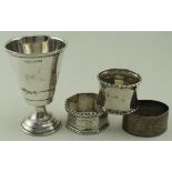 Mixed lot of silver comprising a small goblet hallmarked Birm, 1921 plus three napkin rings