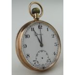 Gents 9ct cased open face pocket watch by "Pinnacle". The white dial with black arabic numerals