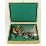 Mixed job lot of Silver and Costume Jewellery in a Cigar Box (noted Ladies Silver fob Watch and