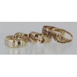 Five 9ct yellow gold band rings, to include a buckle ring a wishbone ring and "love" ring. Total