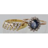 18ct yellow gold sapphire and diamond cluster ring, size P along with an 18ct yellow gold diamond