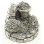 Silver Hallmarked Paperweight Hedgehogs playing amongst pot plants weight 127g