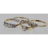 Four diamond rings to include 18ct solitaire, size I, weight 2g. 18ct yellow gold five stone ring,