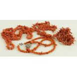 Four coral necklaces, longest 96cm approx.