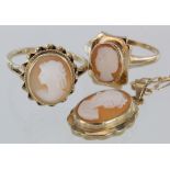 9ct yellow gold cameo pendant and chain, weight 4.9g. 9ct cameo rectangular ring, size K, weight 2.