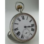 Nickel cased "Goliath" pocket watch, the white dial with bold Roman numerals and subsidiary second