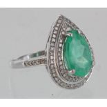 14ct white gold pear shaped emerald and diamond ring, principal stone approx. 12mm x 9mm, finger