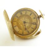 Ladies 18ct cased half hunter pocket watch, the gilt dial with black roman numerals. total weight