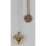 9ct heart shaped locket on fine chain,weight 2.6g. 9ct St. Christopher on box chain, weight 6.8g