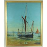 H. W. Ward. Oil on board, titled ' Near the Washing Posts, Pin Mill', depicting a Thames barge