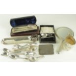 Silver. A collection of silver items, including Cutlery, jug, christening sets (cased), cigarette