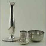 Seven white metal items, comprising vase (weighted base), bowl, pin dish & four shot beakers, weight