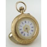Ladies 14ct cased fob watch. The enamelled white dial with gilt decoration. Working when catalogued