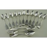 American mixed lot of 14 silver teaspoons - various makers and marks, 1830-1860. Weighs 7.75oz
