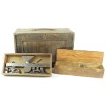 Engineering tools. An old wooden tool box, containing numerous tools, makers include Moore & Wright