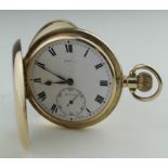 Gents 9ct cased full hunter pocket watch. The white dial with Roman numerals and subsidiary dial
