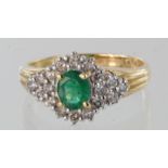 18ct yellow gold emerald and diamond cluster ring, size O, weight 4.2g