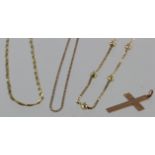 Three 9ct yellow gold chains, ball and box chain, weight 4.9g. Double twist chain, weight 3g. 9ct