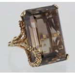 9ct smoky quartz single stone dress ring, stone measures approx. 18mm x 23mm, size K, weight 14.3g