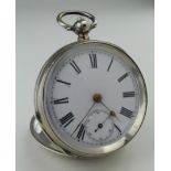Gents 0.935 silver open face pocket watch. The white dial with black roman numerals and subsidiary