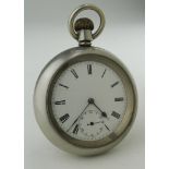 L.M.S. railway open face pocket watch, the white enamel dial having black roman numerals, surrounded