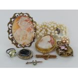 Mixed lot of assorted jewellery to include six brooches, a pendant, a ring and double row cultured