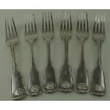 Six fiddle, thread & shell pattern with thread heel table forks three by Wm Eley, Wm Fearn & Wm