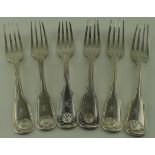 Six silver fiddle, thread & shell pattern with thread heel dessert forks, three by Wm Eley, Wm Fearn